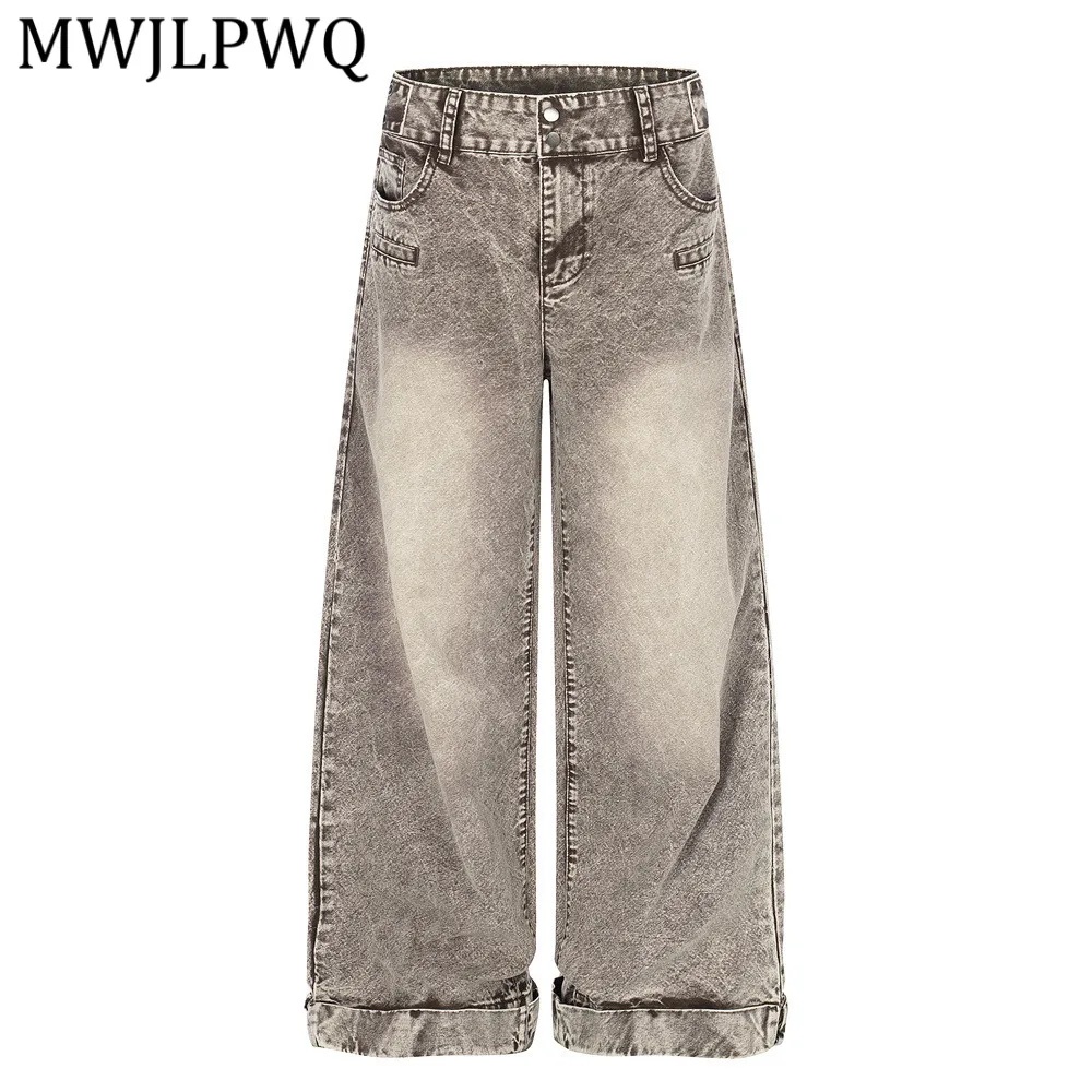 

MWJLPWQ Heavy Industry Distressed Wide-Leg Trousers For Men Punk Retro Washed Split Hem Design Loose Fit Pants Spring New 14458