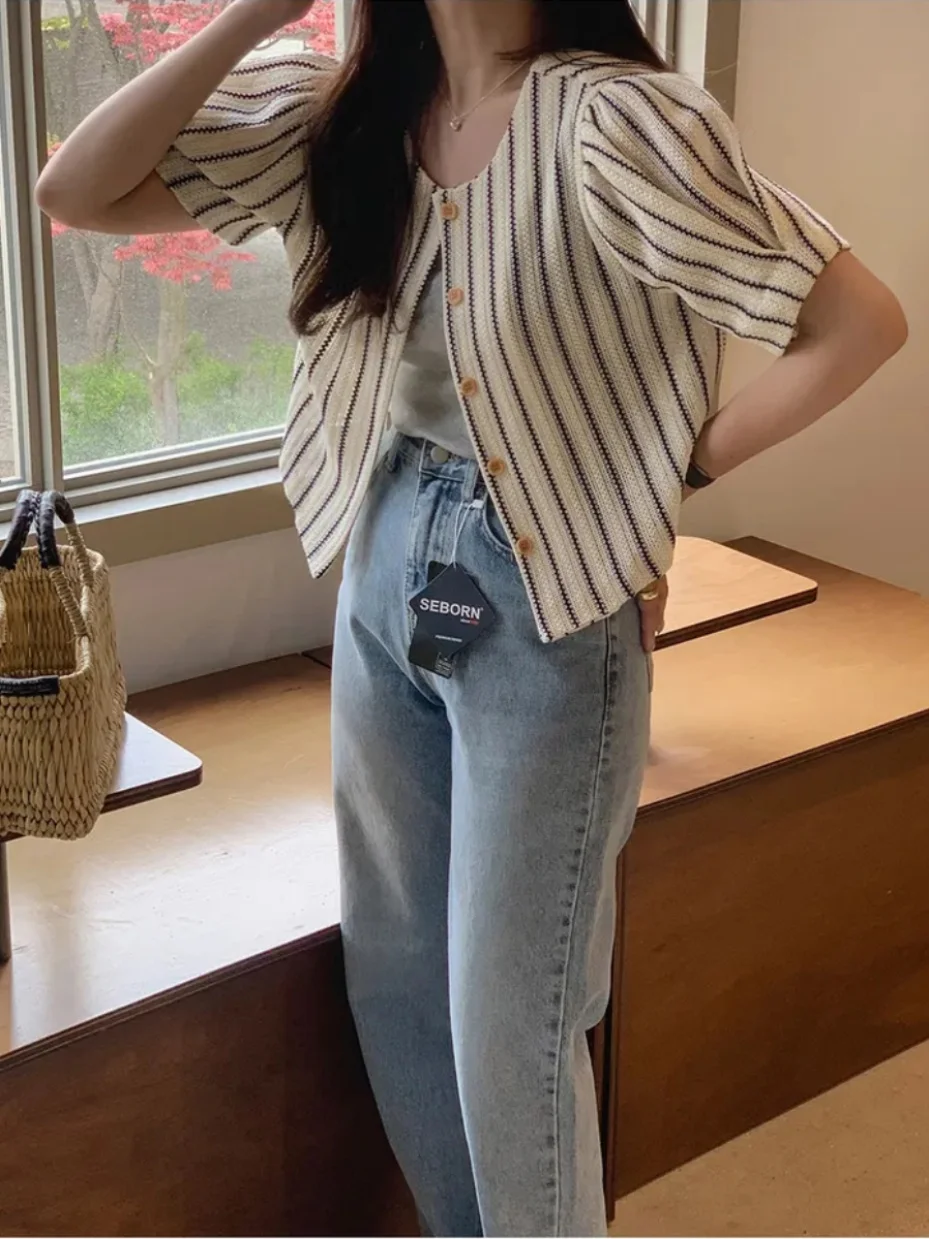 

Retro round Ne Bubble Sve irt Jaet Women's Thin Summer Chic Design Unique Top Single Button Korean Sle Loose Fit