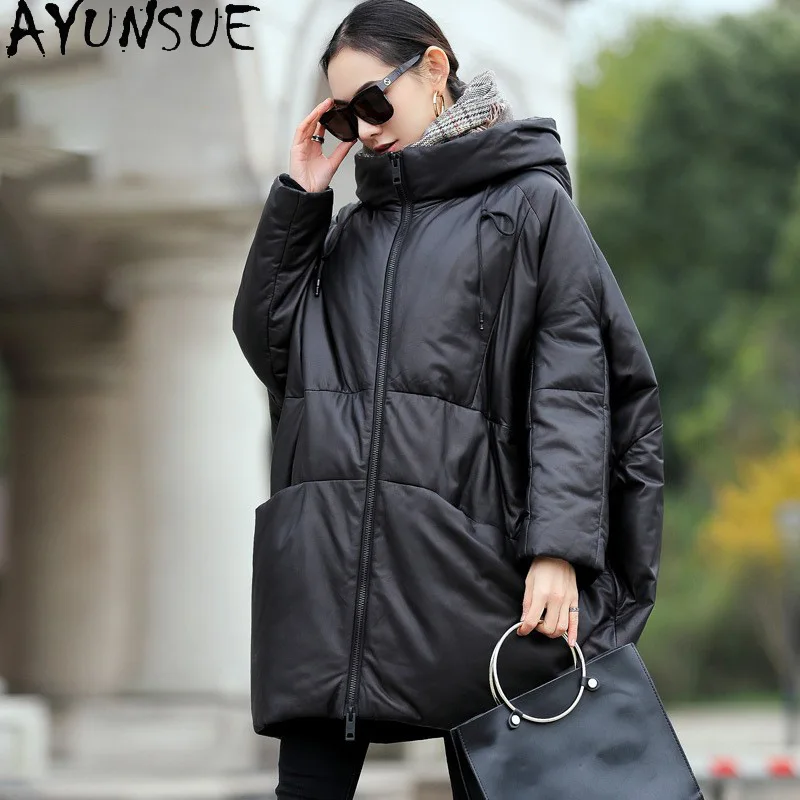 AYUNSUE 정품 가죽 다운 재킷 여성 겨울 의류 2025 후드 양피 코트 여성 90% 화이트 오리 다운 Jaqueta Couro