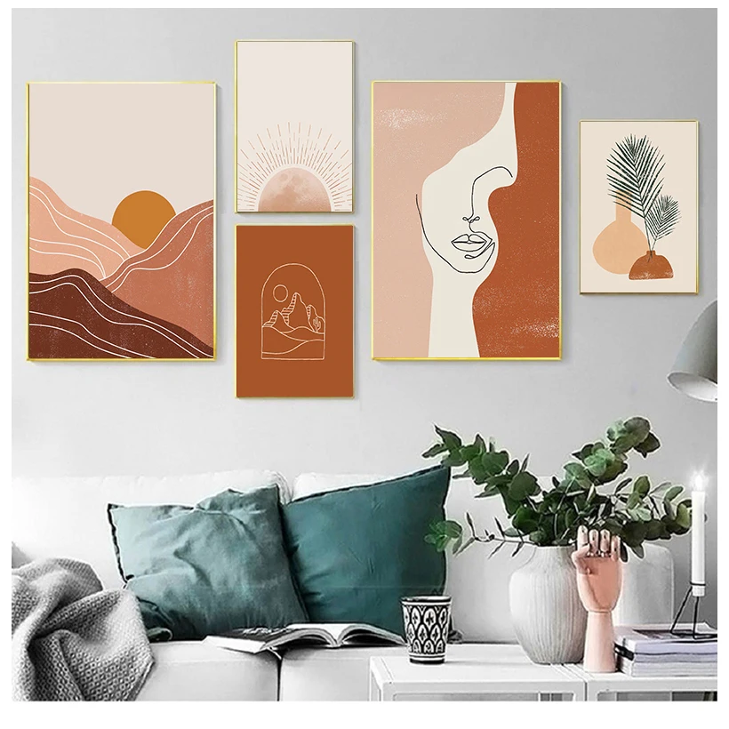 Boho Abstract Landscape Nordic Posters and Prints Beige Gallery Wall Art Canvas Painting Sun Woman Face Line Art Pictures Decor