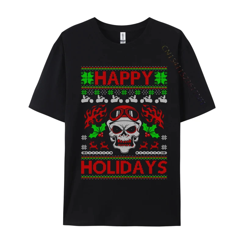 Motorcycle Happy Holidays Biker Ugly Christmas Skull T-Shirt All Cotton Tops T Shirt Fitness Tight T-Shirt Round Collar