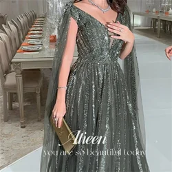 Aileen-Robe de Soirée Grise à Rayures pour Femme, Tenue de Luxe, Longue, Brodée de Perles, Personnalisée, Élégante, Gala, Mariage