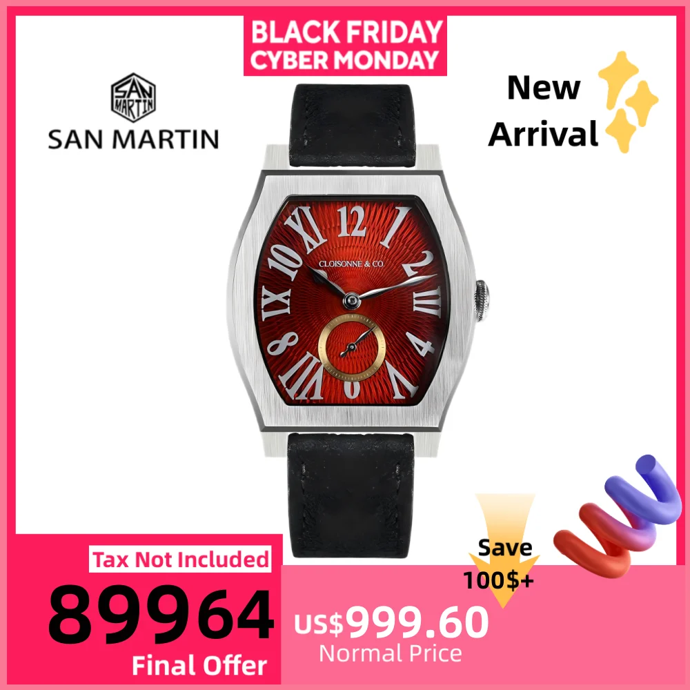 

San Martin 36mm ETA 7001 Barrel Shaped Enamel Hand Guilloche Dial Men Mechanical Watch Manual Winding 10Bar Luxury SN0100