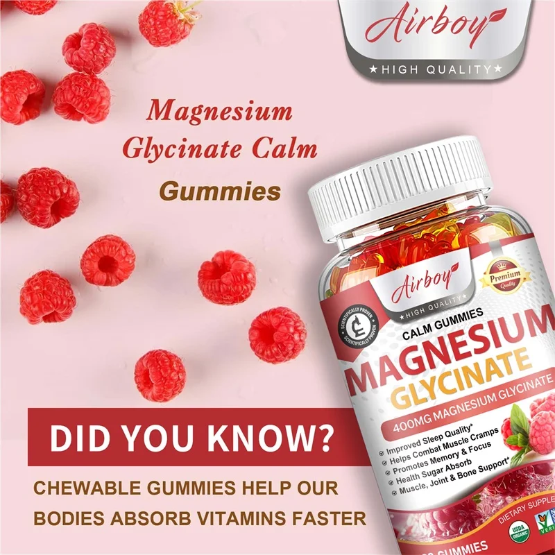 Magnesium Glycinate Gummies - Calm, Relieves Stress, Promotes Sleep, Support Memory, Concentration & Muscle Spasms