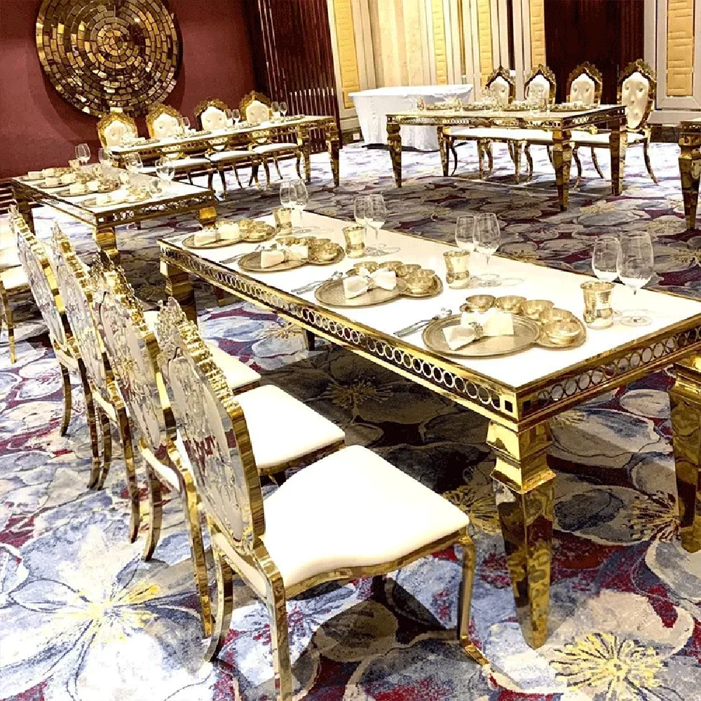 High Qulality gold stainless steel frame glass top round tables dining cake table for wedding events