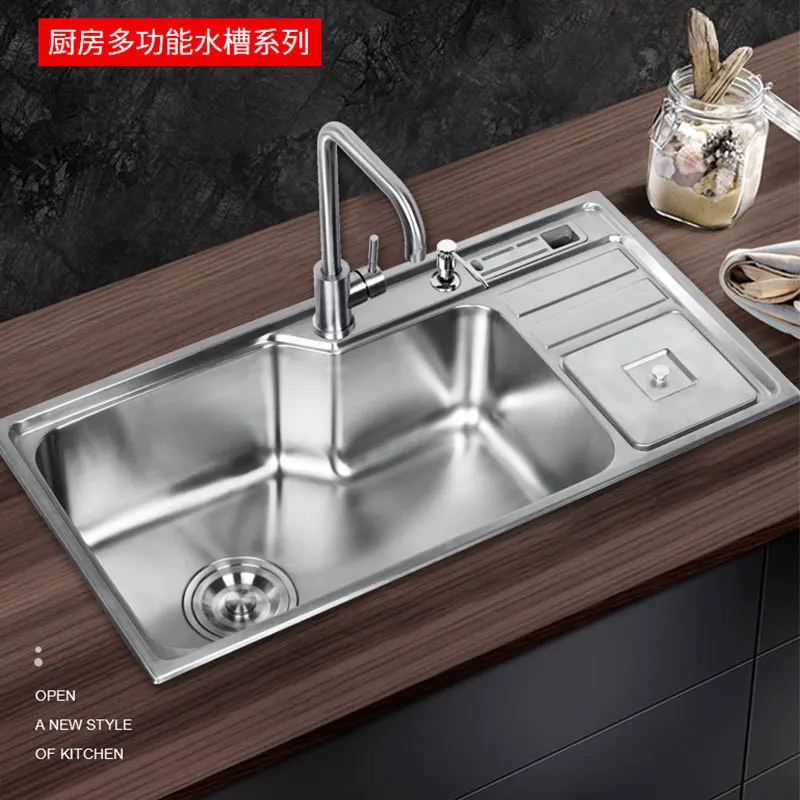 304 Stainless Steel Kitchen Sink Set Multi-Functional Sink Thickened Knife Holder Basin with Trash Can Large Single Slot