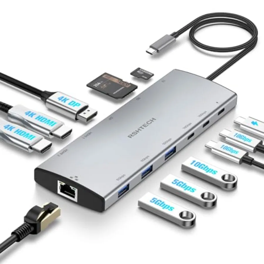 

USB C Hub Docking Station for dual monitor setup, aluminum body, space gray, 12-in-1 triple display support with 2 HDMI, 4K DP,