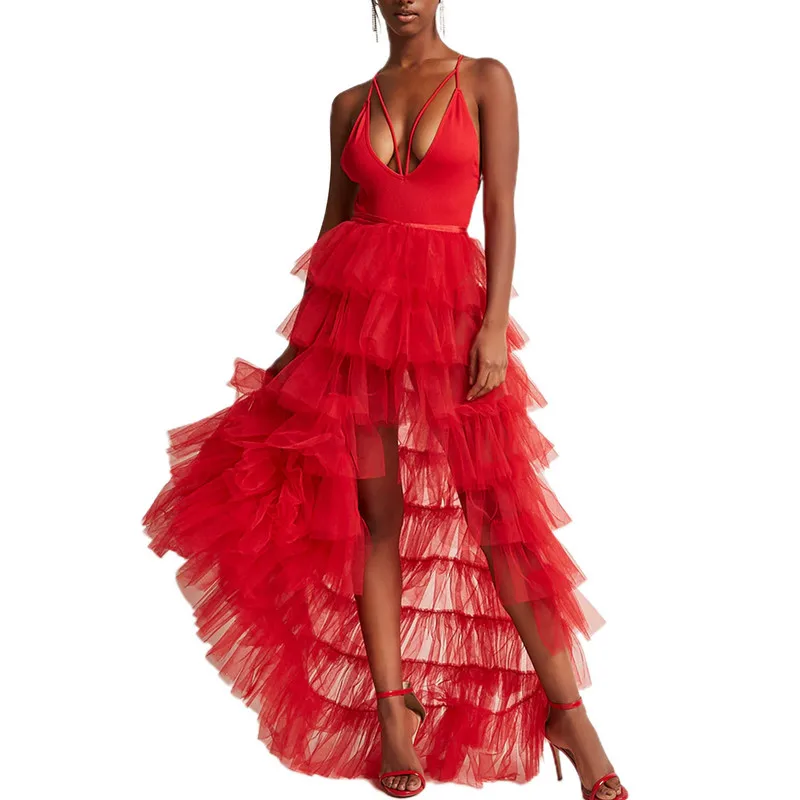 Jupe en Tulle pour femmes, jupe de fête irrégulière nouée en maille de couleur unie, longueur au sol, pour invités de mariage, dîner, fête de Cocktail