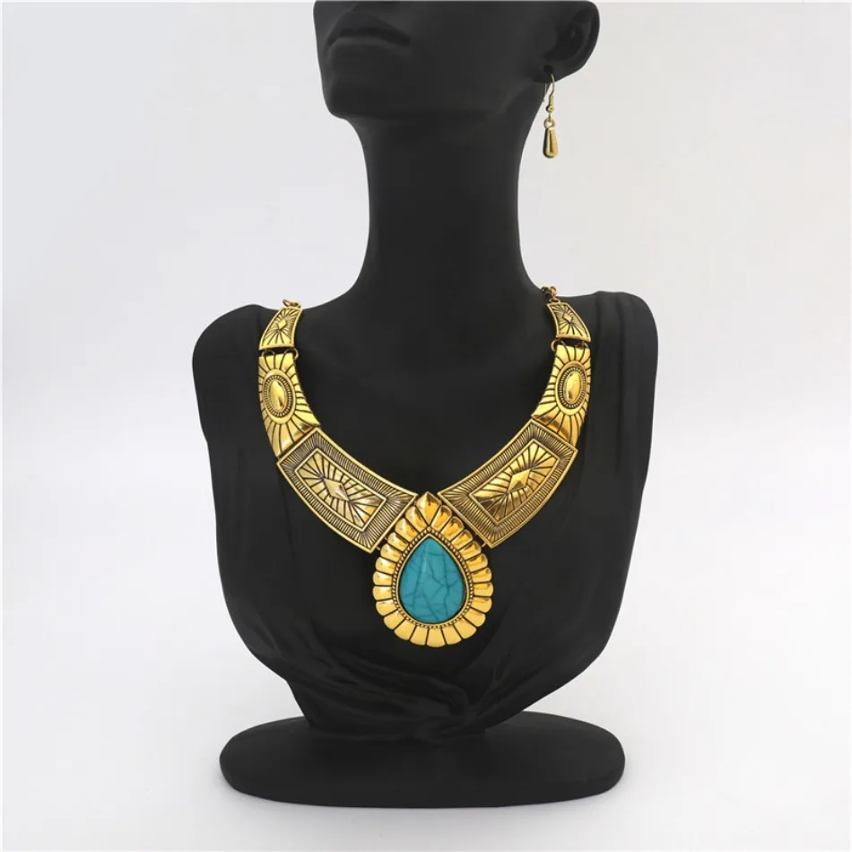 Girls Vintage Ethnic Costume Jewelry Set Antique Gold Turquoise Pendant Necklace And Drop Earrings For Party Cosplay Accessory