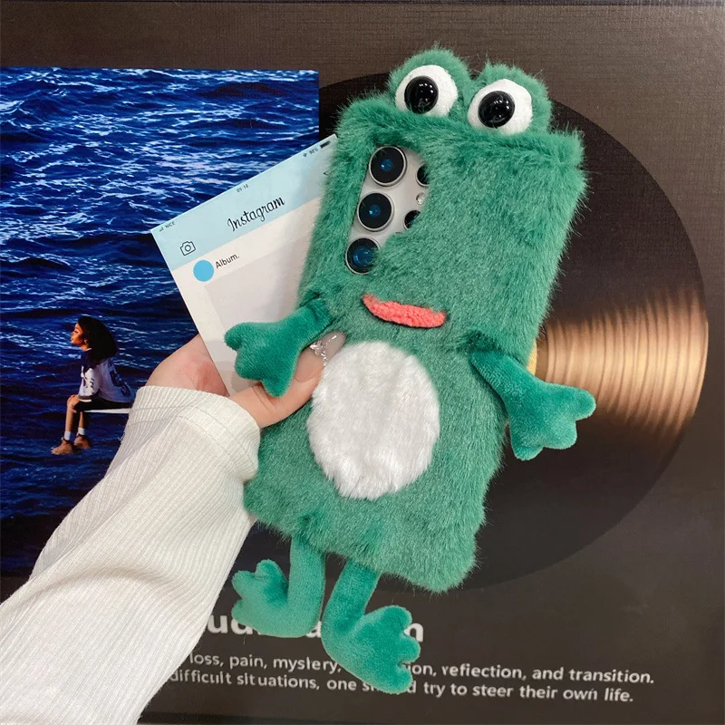 Plush Frog Phone Case, Cute Green Animal 3D Soft Fluffy Protective Cover for Samsung Galaxy S26/S25/S24/S23/S22/S21