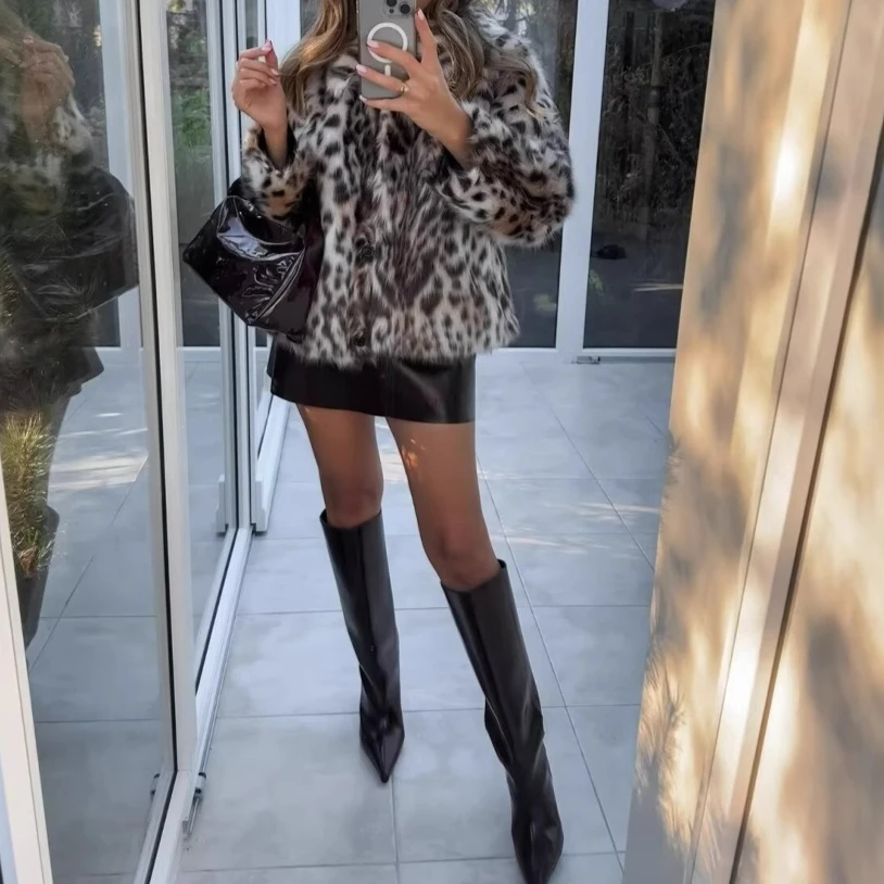 Faux Fur Coats Women Full Sleeve Short Coat Thick Warm Y2k Streetwear Elegant Jackets Y2k Leopard Print Outerwear Autumn Winter