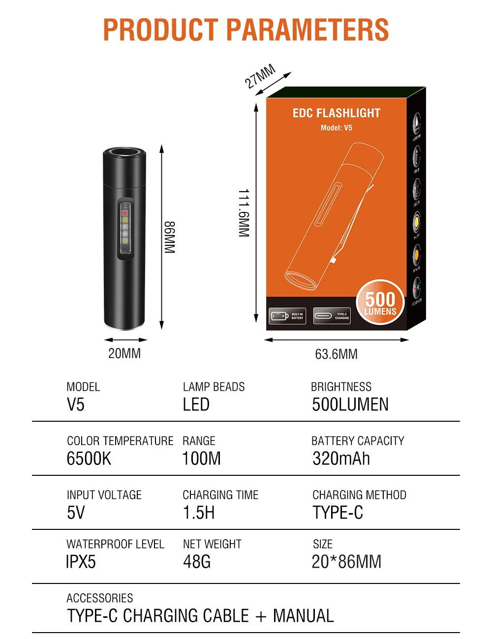 BORUiT-V5ミニLED懐中電灯,防水,充電式,マグネット付き,UVライト,釣り,キャンプ用,TYPE-C