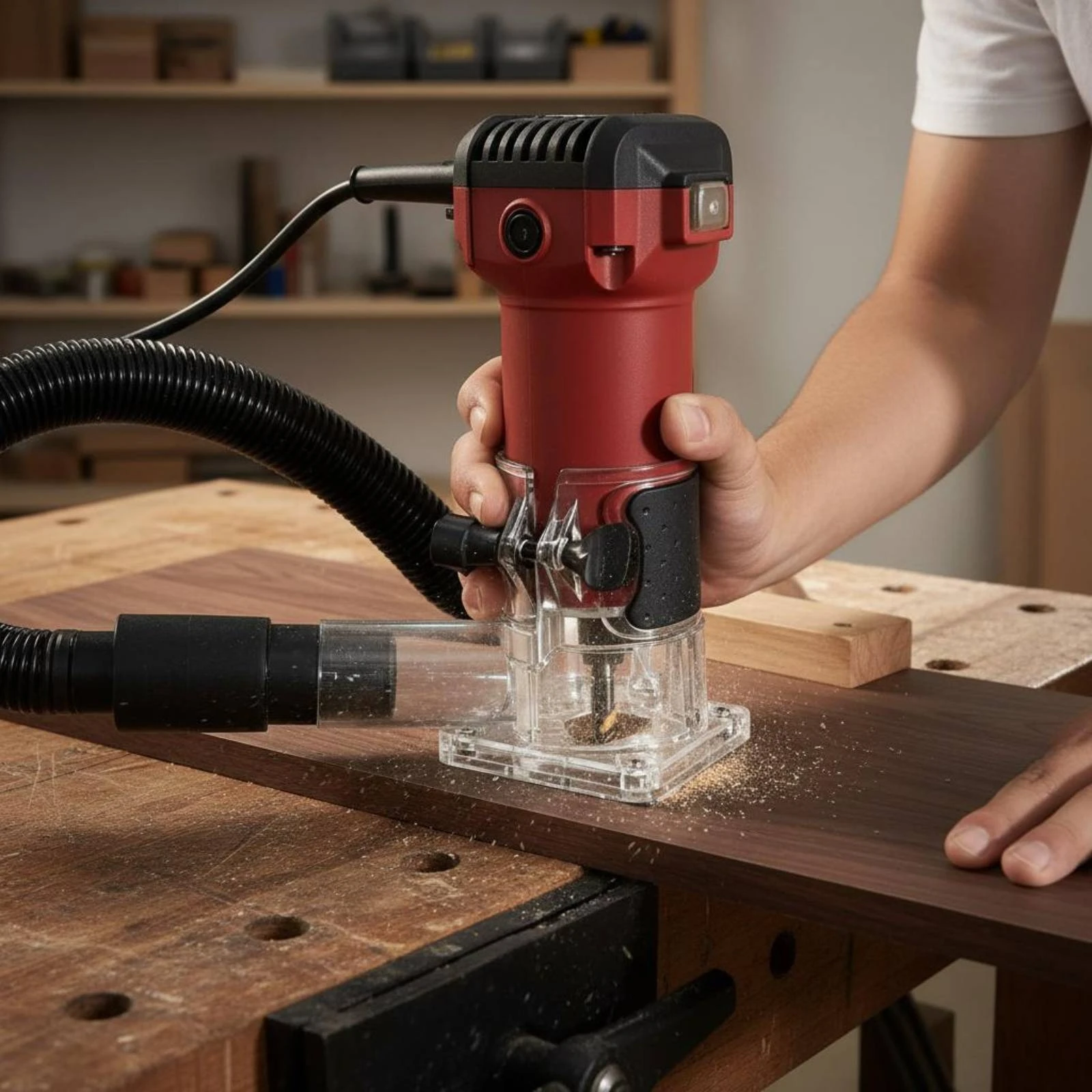 

Transparent Router Dust Hood Wear-Resistant Woodworking Trim Router Base Dust Collection Base Adjustable Long-Lasting