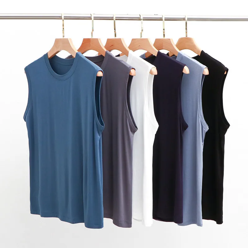 Men's Modal Thin Vest Summer Sleeveless T-Shirt Top Plus Loose Base Shirt Casual Sports Shoulder Solid Color Tudent Pajamas
