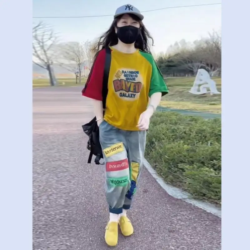 Summer Patchwork Print Cotton Short-sleeved Tshirt Washed Lightweight Denim Harem Pants Two-piece Set Women Outfit T-shirt Jeans