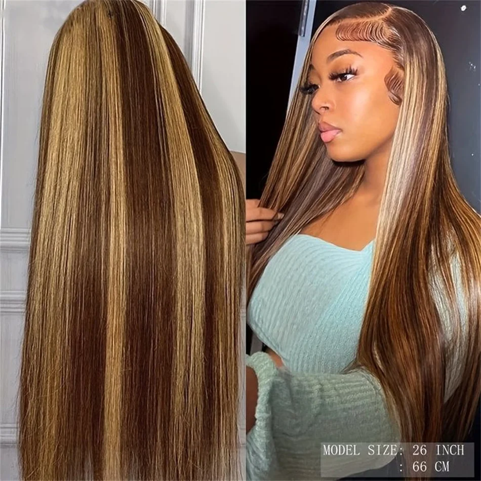 30 Inch Bone Straight Highlight Lace Front Human Hair 4/27 Ombre 13x4 Lace Frontal Wigs Honey Blonde Colored Wigs For Women