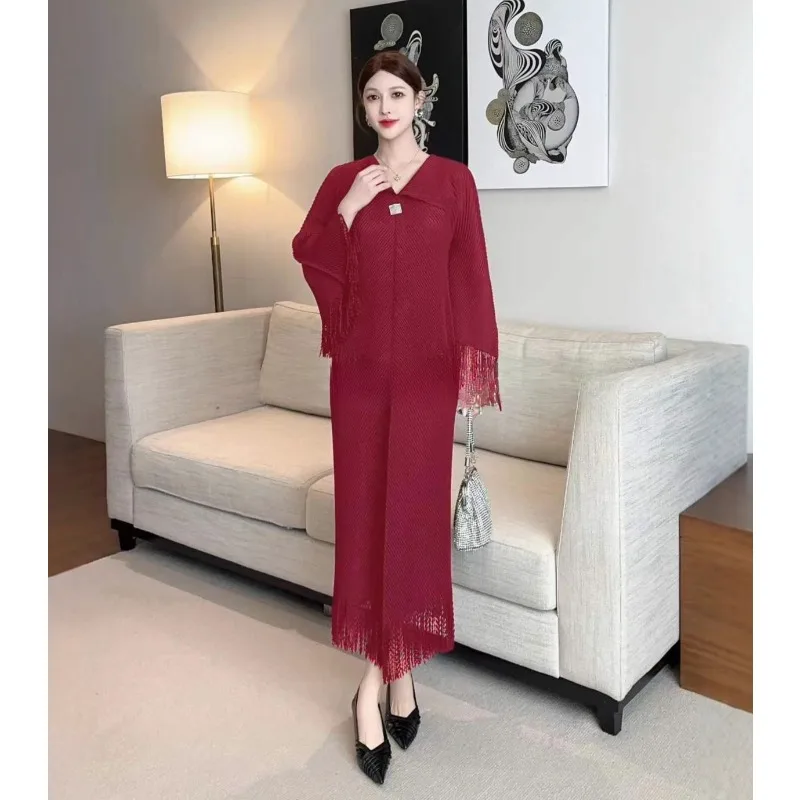 

Плиссированные платья Miyake с бахромой, новинка зимы 202, платье с бахромой и рыбьей чешуей, со складками, однотонная свободная повседневная юбка