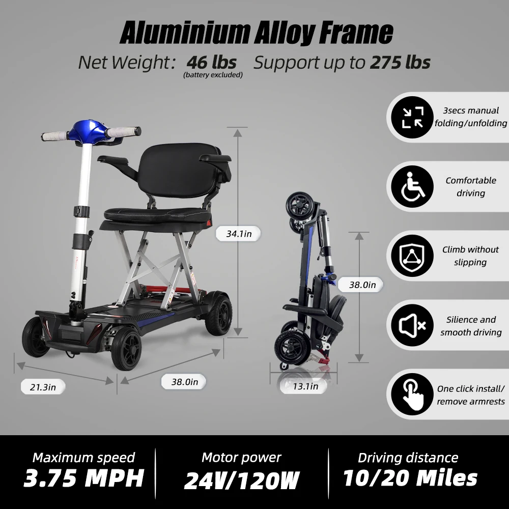 Aluminum Alloy Frame Folding Design Electric Mobility Scooter 4 Wheel Lightweight Portable for Seniors Adults Powered Wheelchair