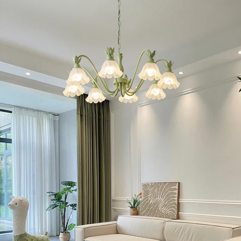 

FSS 2023 Modern Chandelier Lighting for Living Room with Glass Lampshades Lustres Green Pastoral Styles Flower Ceiling Lights