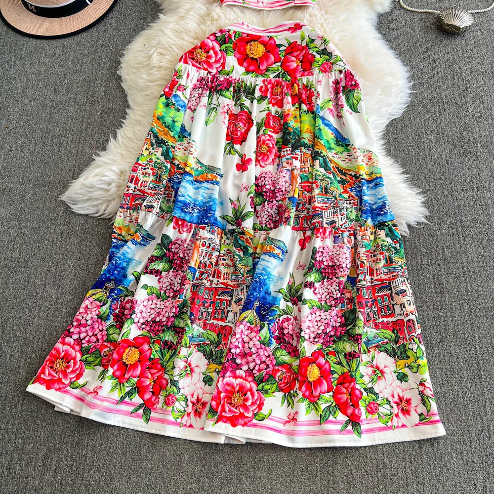 Conjunto de dos piezas con estampado de pintura al óleo para mujer, Top corto de cintura alta y efecto adelgazante, falda oscilante grande, estilo de vacaciones