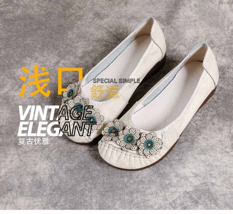 Boho Vintage Echtleder-Ballerinas für Damen, Blumenmuster Slip-On Fahr-Mokassins, Weiche Ethnische Retro-Schuhe, Flache Schuhe für Mütter – Detail 3