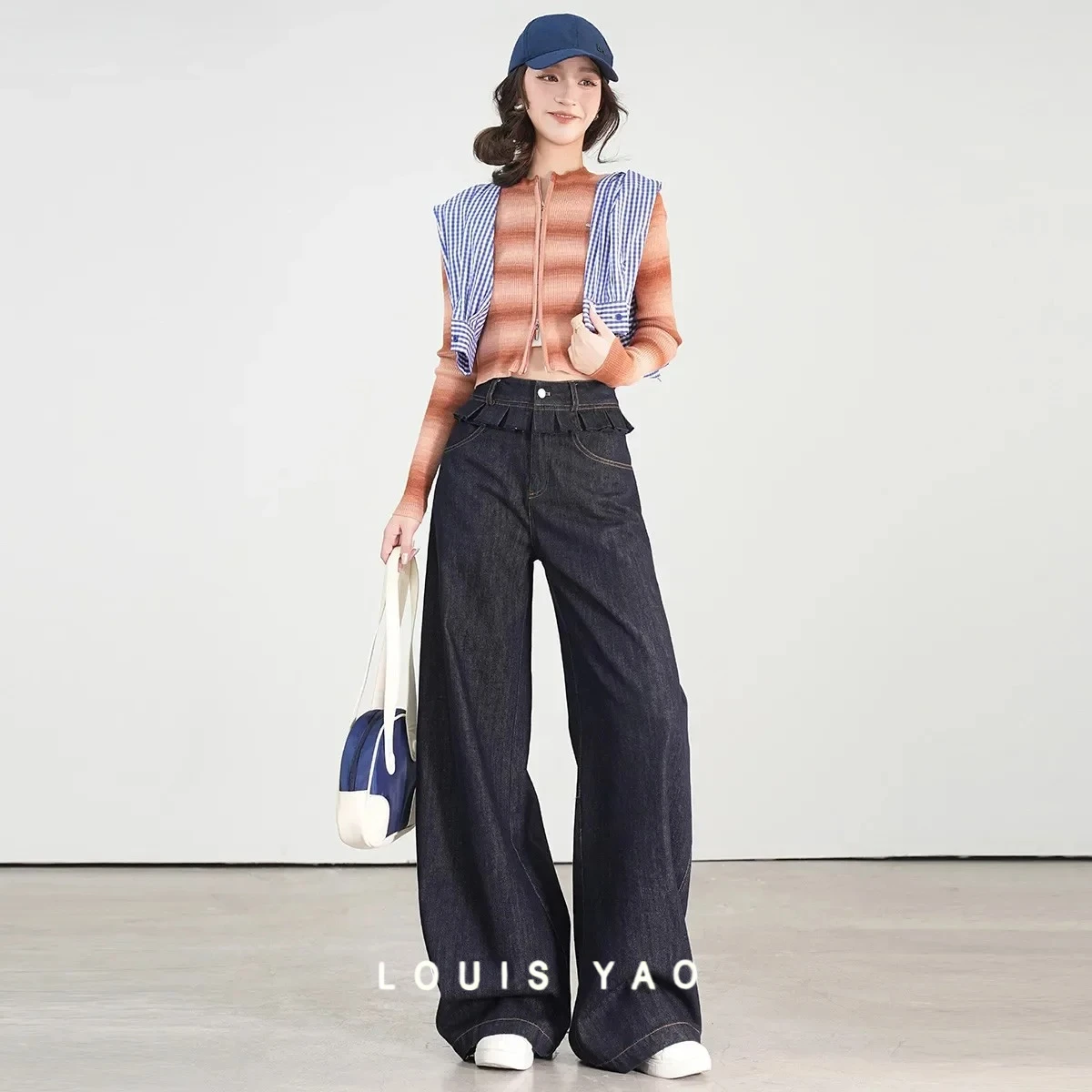 

Waist Ruffle Splicing Women's Jeans High Waist Straight Casual Trousers Clashing Quilted Jeans Female Clothing Spring 2025