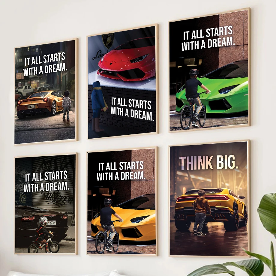 Supercar It All Starts with A Dream Motivational Quotes Poster Canvas Painting Print Wall Pictures Home Office Decor Cuadros