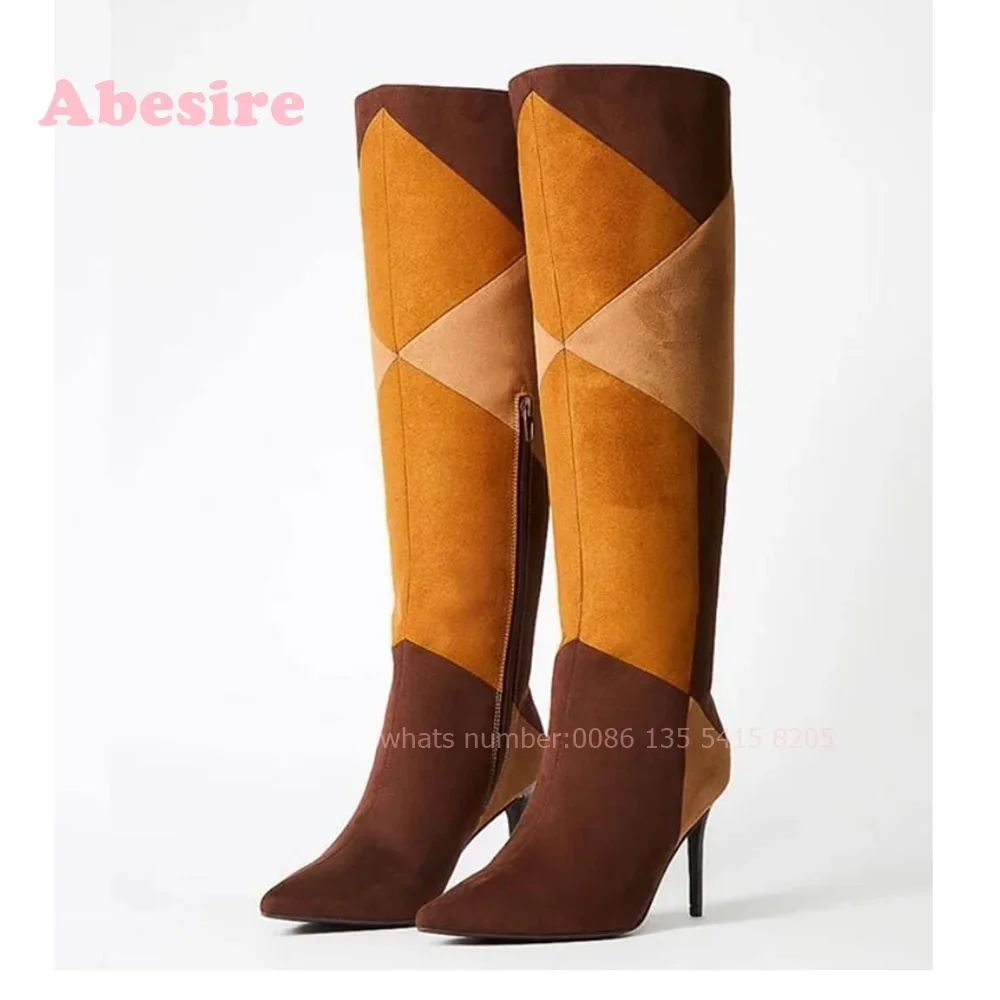 Botas hasta la rodilla con punta en pico y retales de ante vegano marrón, tacones finos de retales, botas informales con cremallera lateral para mujer
