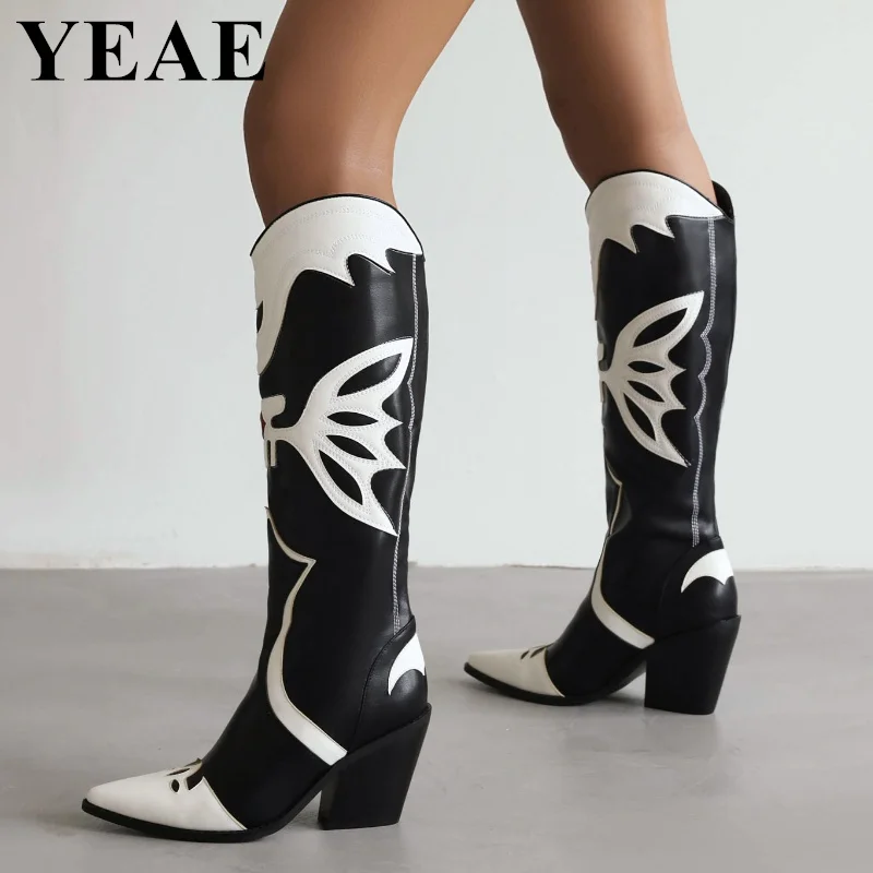 

Black White Patchwork Cowboy Boots For Women Pointed Toe Chunky High Heel Knee High Boots Female Long Boots Women Luxury Shoes