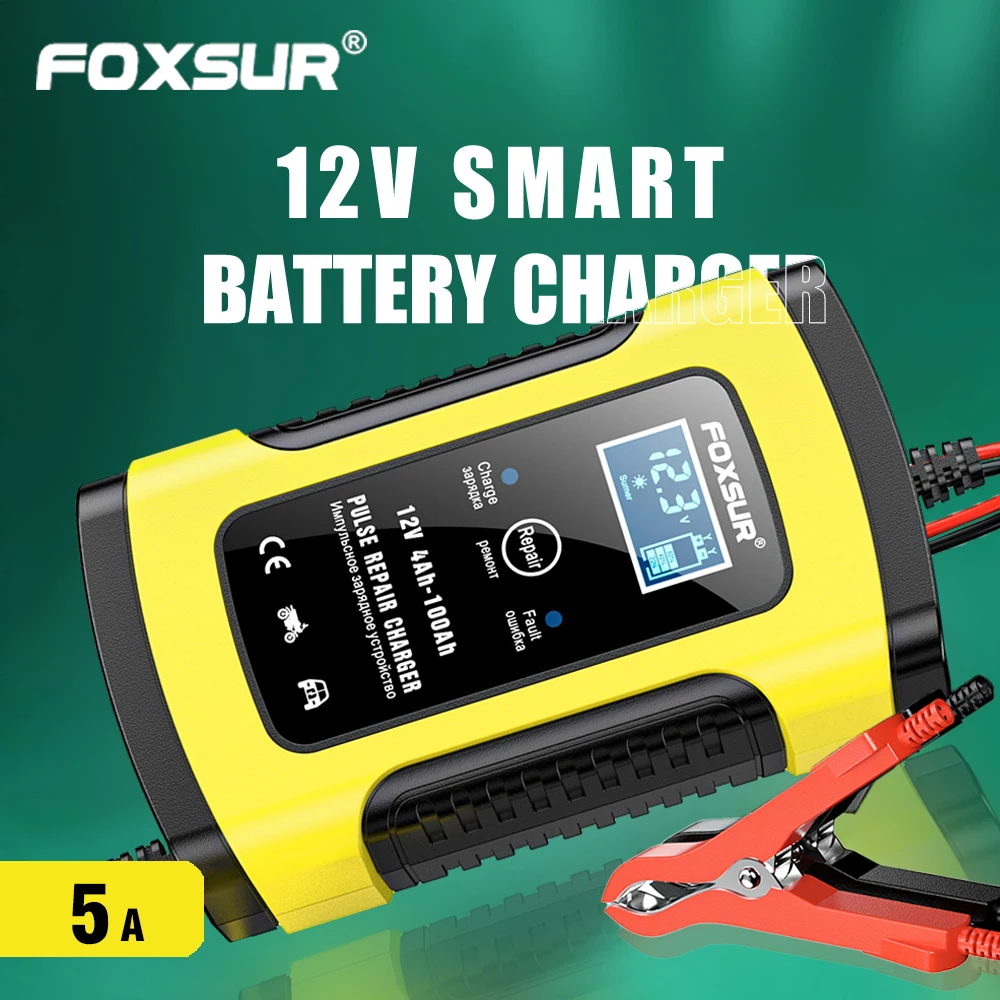FOXSUR Caricabatterie per riparazione a impulsi 12V 5A con display LCD, caricabatteria per moto e auto, caricabatteria al piombo WET GEL 12V AGM