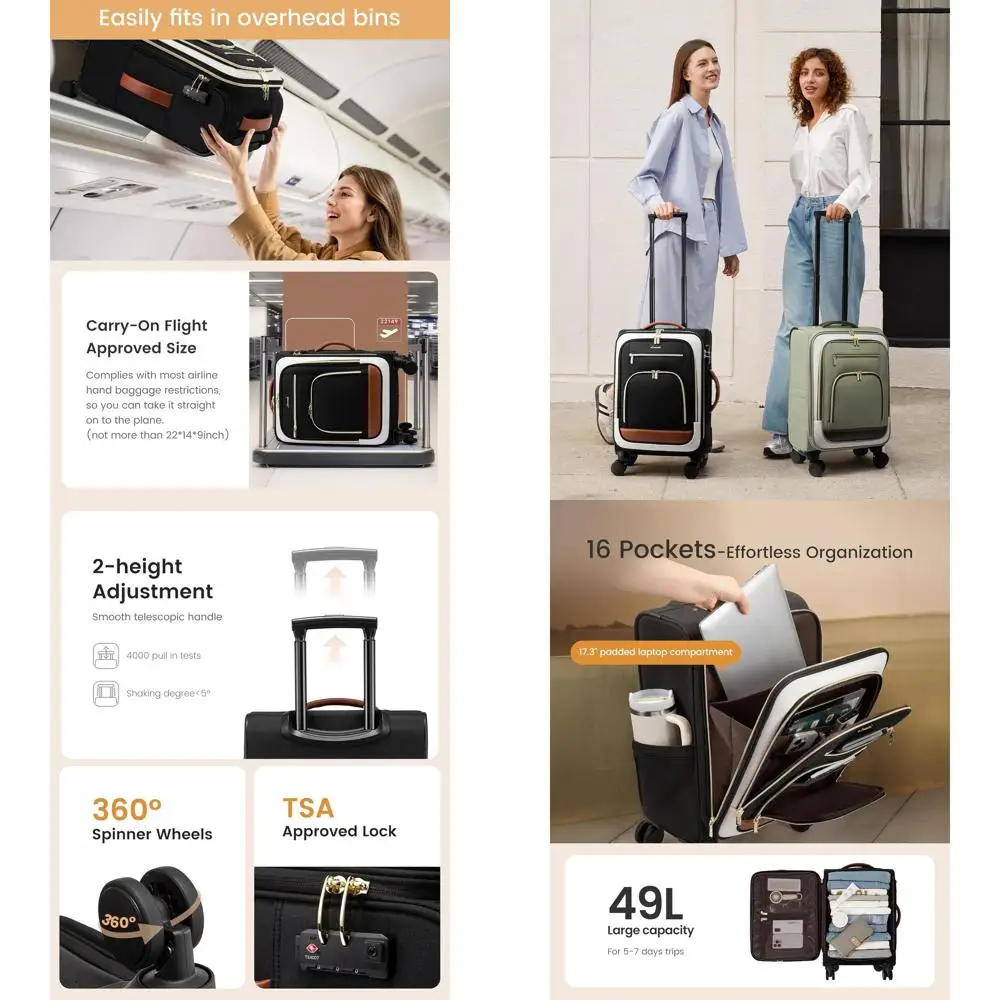 22 Inch Airline Approved Large Softside Spinner Suitcase with TSA Lock, 49L Capacity for Travel