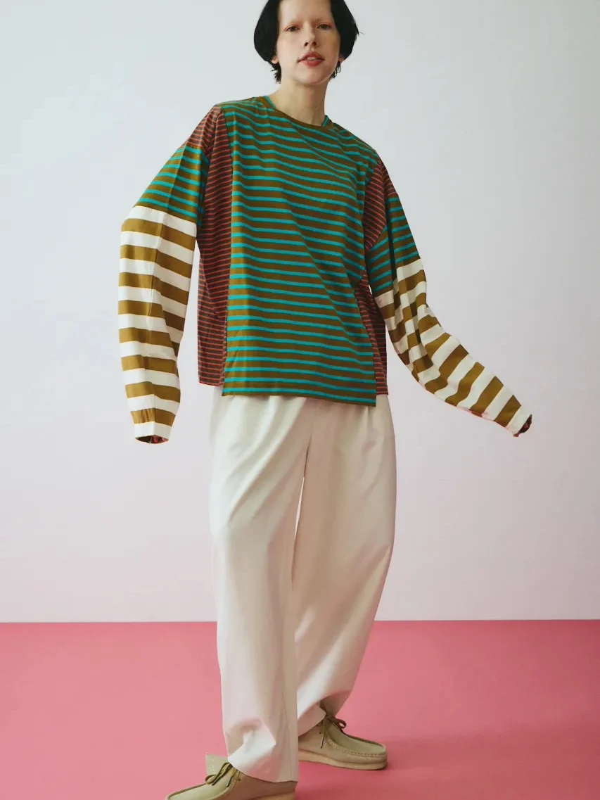 Loose Long Sleeve T-Shirt Color Block Striped Japanese Style Women's Casual Top Breathable Sweat Absorbent round Neck Design