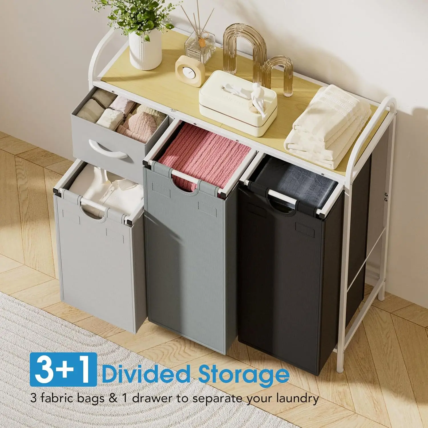 

Laundry Sorter 3 Section, Laundry Hamper with Shelf and 1 Drawer, 35.7Gal(135L) Laundry Basket Organizer, Pull-Out and Removable