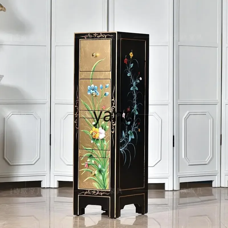 LH  new Chinese gold foil solid wood four chest cabinet living room vertical retro painted drawer porch storage side cabinet