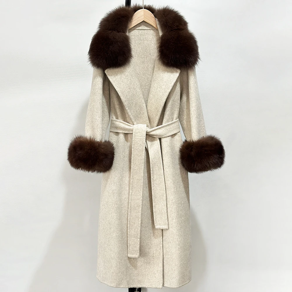 الواقع معطف الفرو الإناث ريال الثعلب الفراء طوق جديد الخريف الصوف مزيج معطف أزياء الشتاء الدافئ الوجهين الكشمير الصوفية سترة