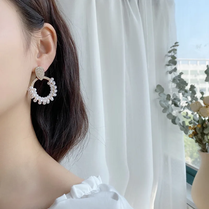 New Fashion Round Pearl Earrings Women Geometric Zircon Heart Gold Color Earring Wedding Accessories Gifts 2020 Trendy Jewelry