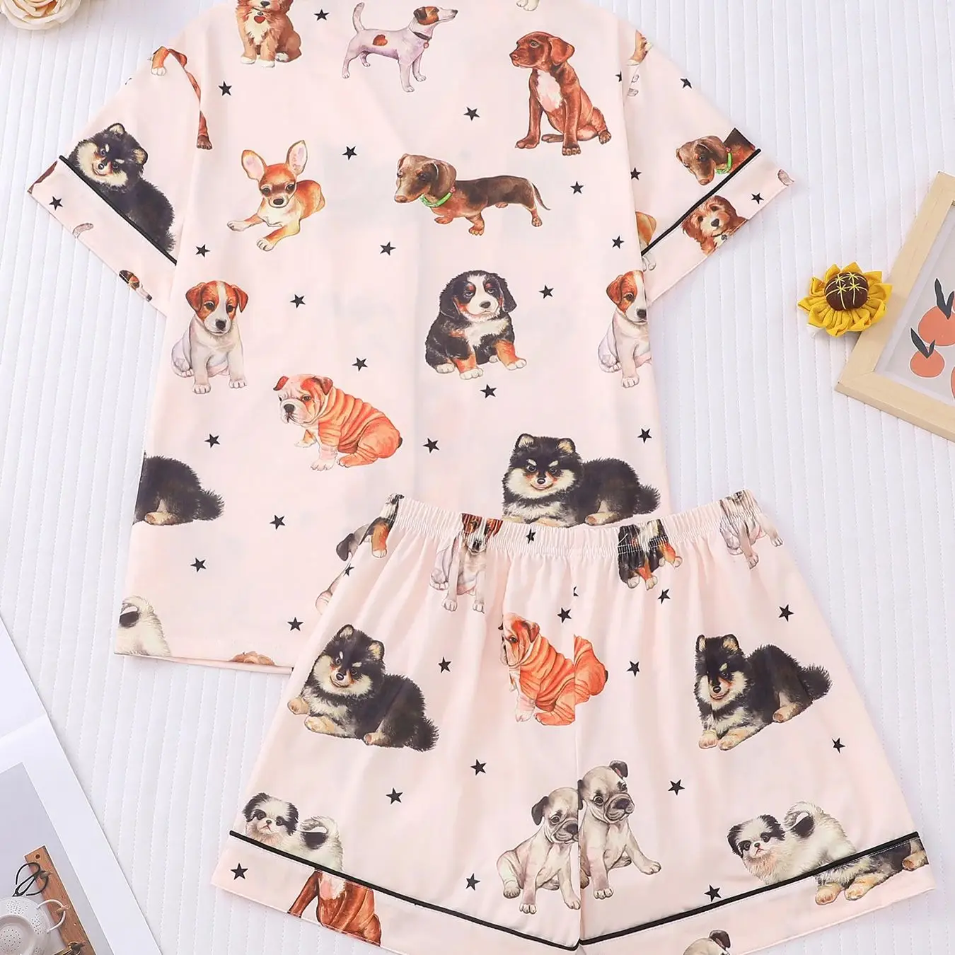 Korean Cute Style Pet Dog Printed Pajamas Short-Sleeved Shorts Two-Piece Set for Women's Casual Home Wear