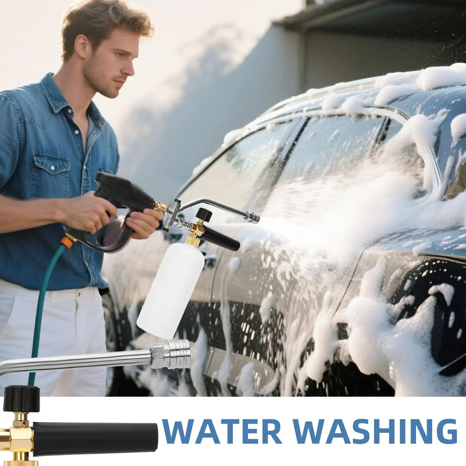Pistola de lavadora de pressão curta com canhão de espuma e 5 bicos, 1L, 4000 PSI, compatível com M22-14mm