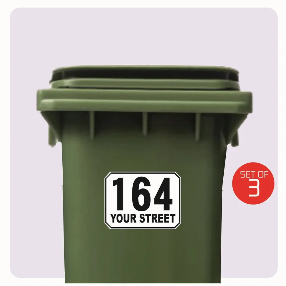 3 x WHEELIE BIN NUMBERS CUSTOM HOUSE & ROAD STREET NAME STICKERS 135X180MM