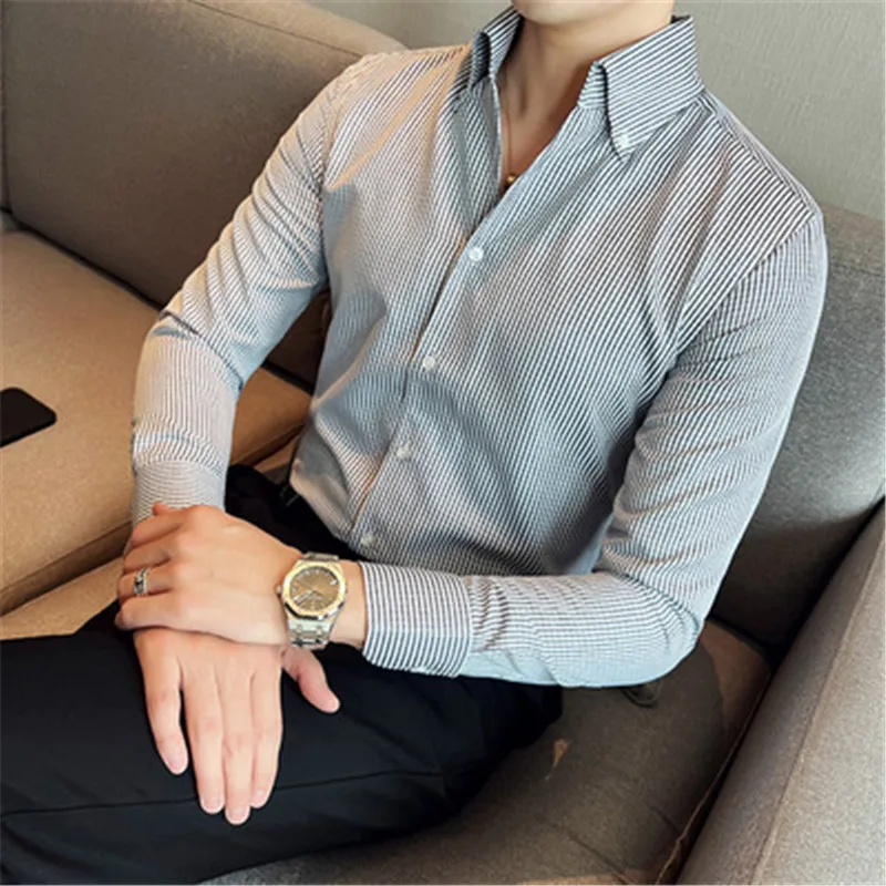 Trouwjurk Shirts Elegant Camisa Klassiek Geruit Shirt Mannen Sociale V-Hals Lange Mouw Blouses Heren Casual Heren Kleding 2024 Nieuw