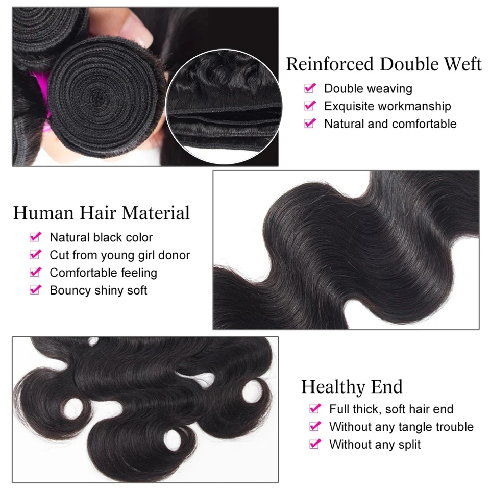 Megeen fasci di capelli umani dell'onda del corpo estensioni dei capelli del tessuto brasiliano 12A 3 pacchi affare 95-100g Ture To Length 1B capelli neri di Remy