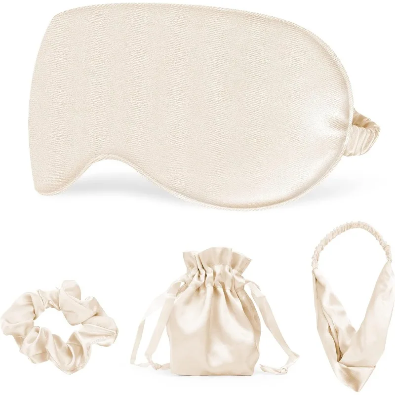 

High-quality Soft with Hair Scrunchie Head Band and Travel Pouch 4Pcs Apricot for Girls Ladies Silk Sleep Eye Mask Travel Set