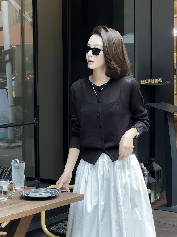 

Retro mat Spring Summer New Sle Paper Silk round Ne Slimming Stripes Knitted Open Cardigan Top for Women