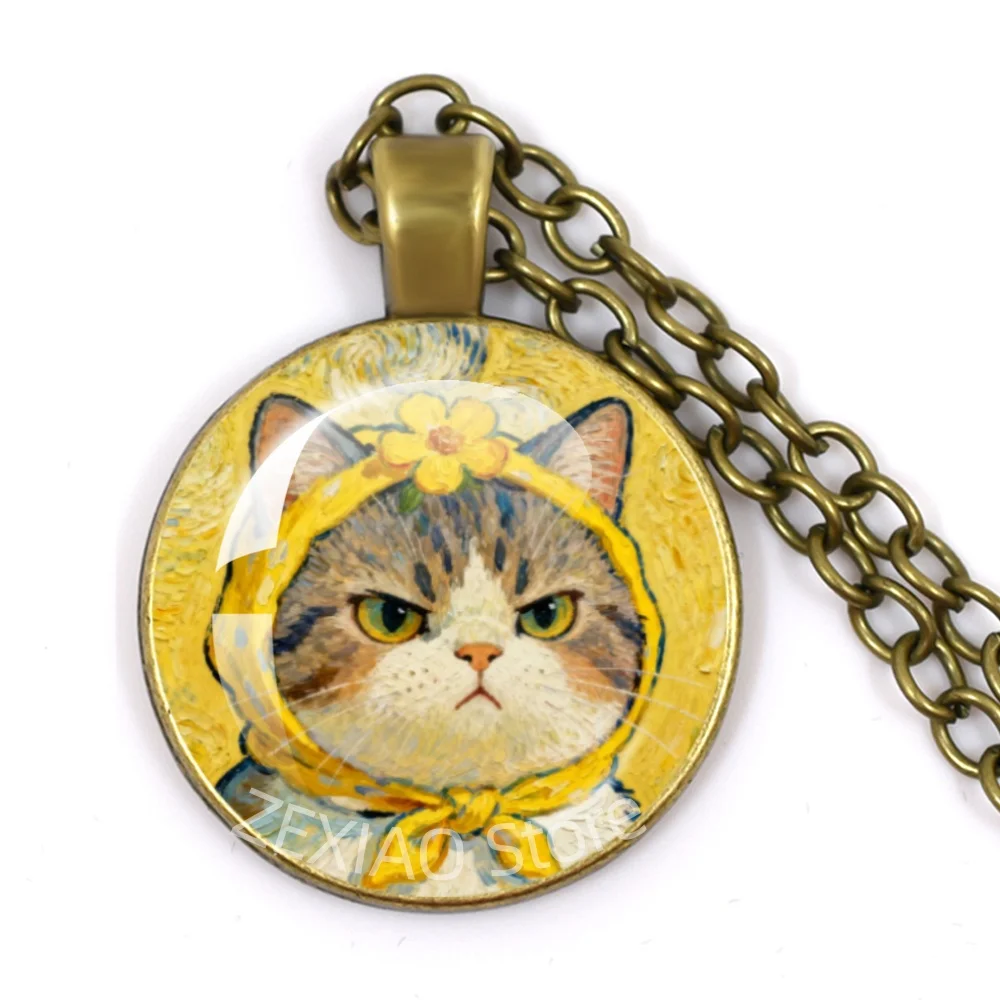 Van Gogh Starry Night Sunflower Glass Pendant Necklace Creative Animal Design Cat Dog Rabbit Duck Oil Painting Necklace
