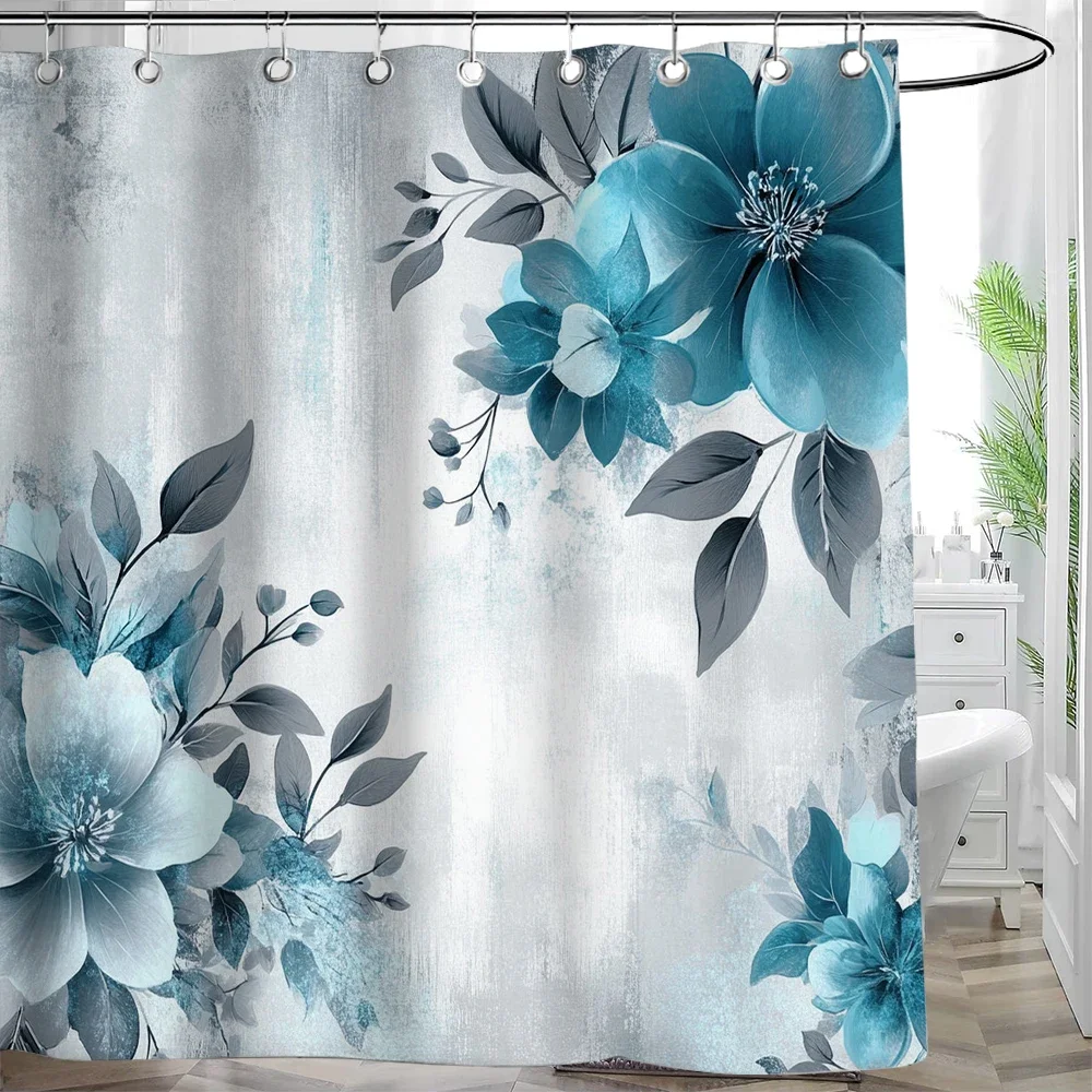 Ink Painting Flower Decoration Bathroom Curtain Elegant Floral Shower Curtain Polyester Waterproof Decoration Curtain Hooks