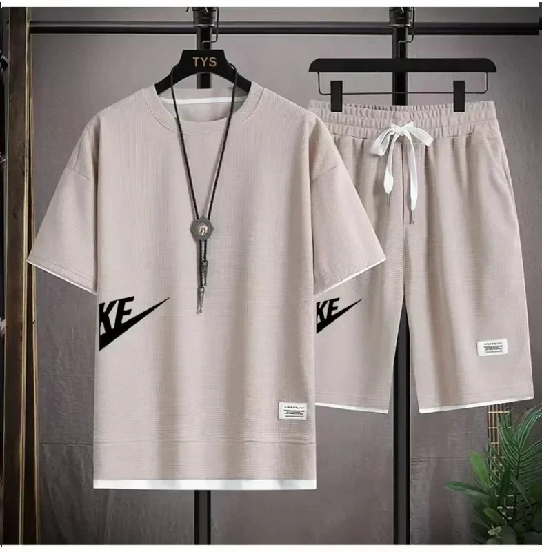 Summer Men's T-Shirt and Shorts Sets Casual Solid Two Piece Set Mens Waffle Fabric Tracksuit 2024 men's Fashion Clothing Suit