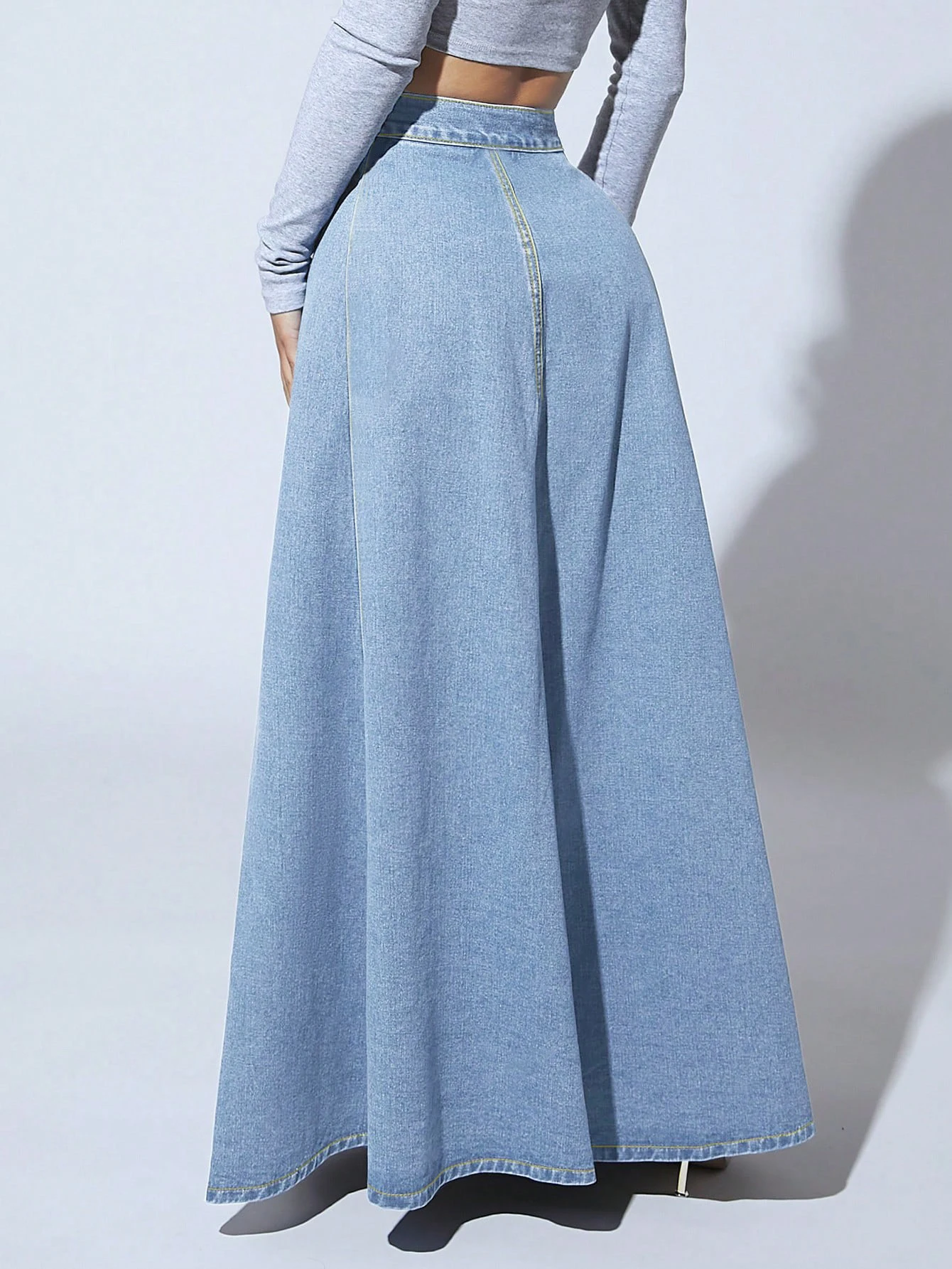 Women's High Waist Button Front Denim Maxi Skirt A-Line Vintage Long Jean Skirt Casual Flared Skirt