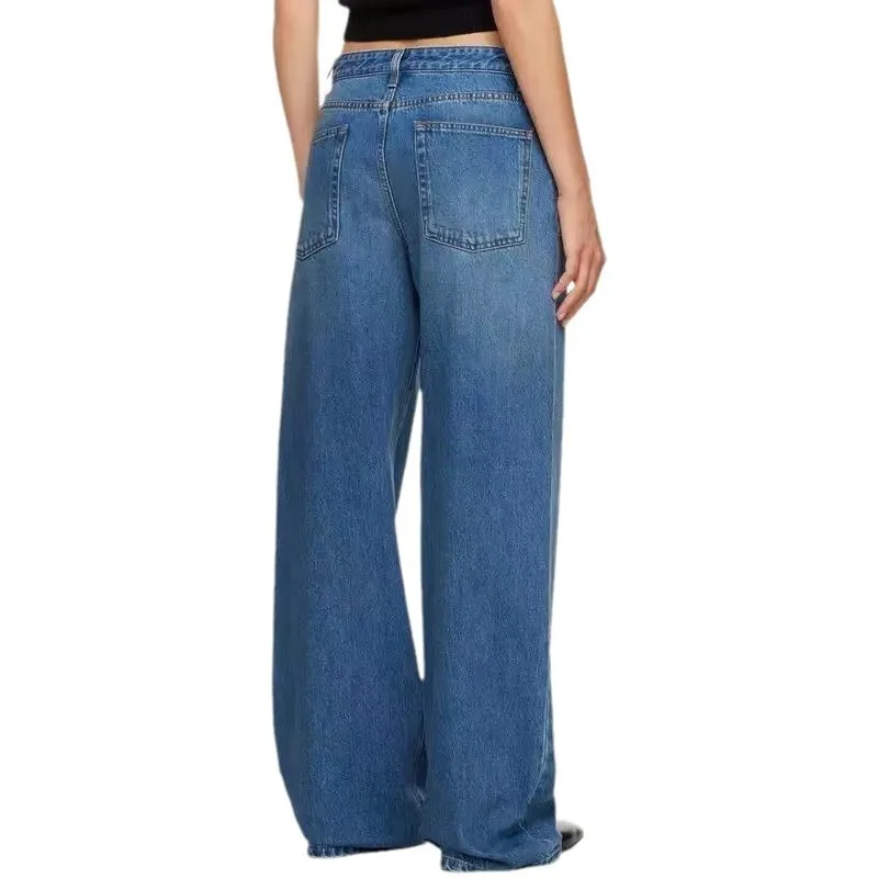 Maxdutti 2027 Blue Vintage Mom Jeans High Waist Loose Wide Leg Boyfriend Jeans Women's Jeans Woman Clothes Women's Denim Pants