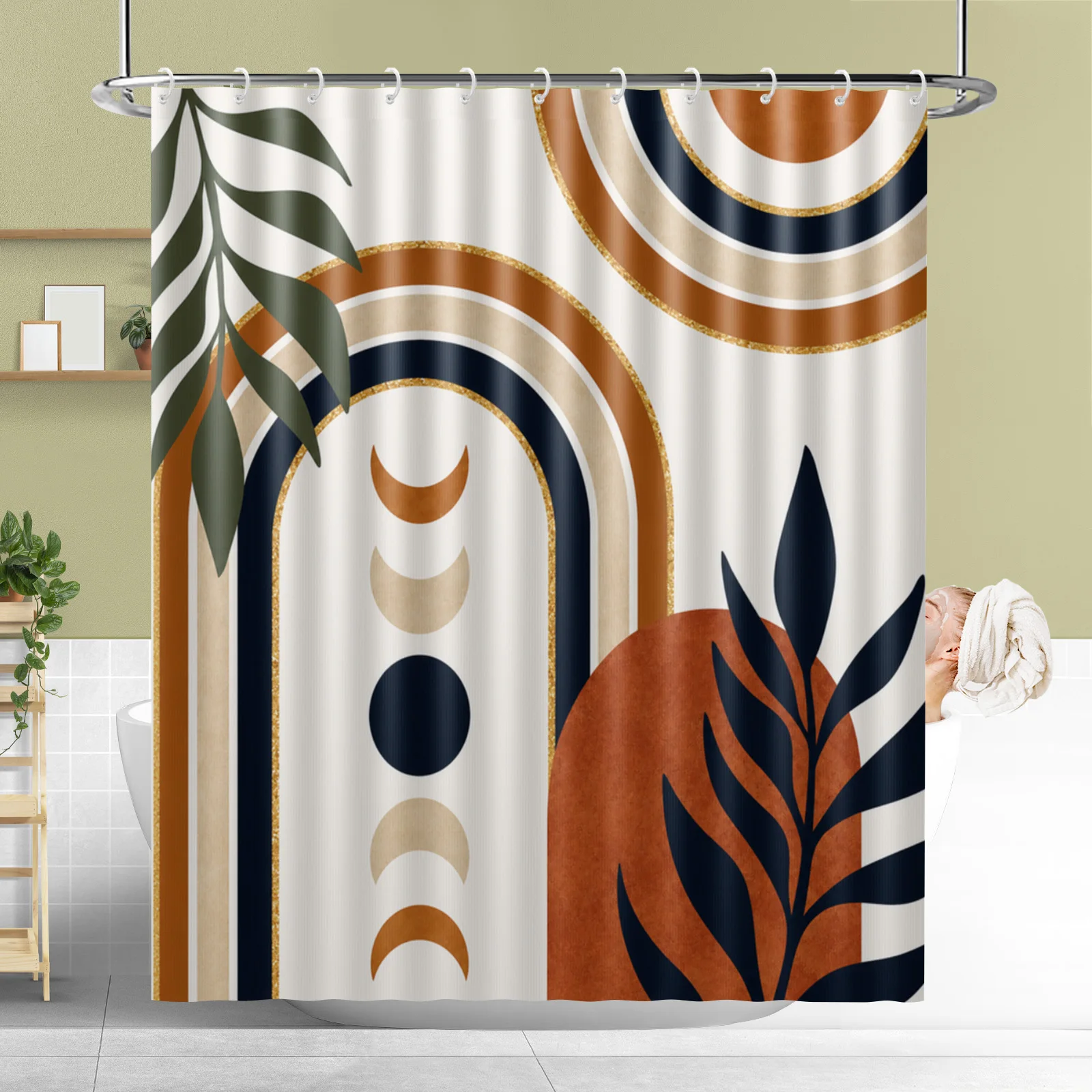 Boho Green Plant One Line Shower Curtain with Hook Waterproof Polyester Fabric Bathroom Modern Minimalist Curtains for Bath Room