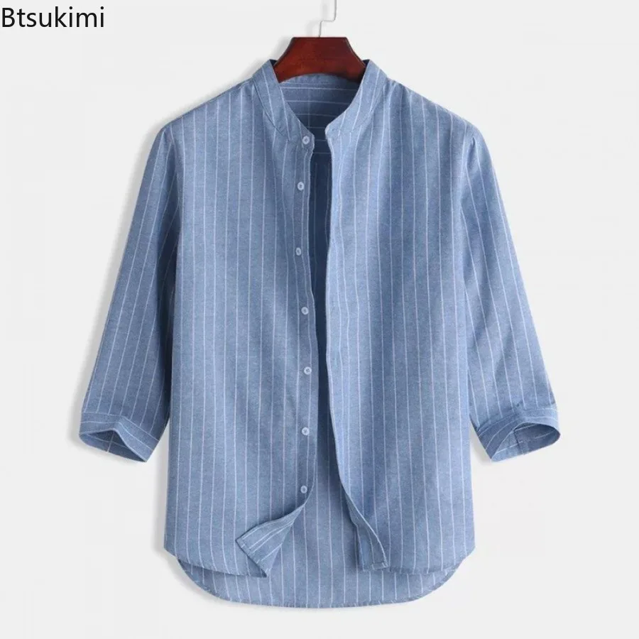 

2023 летняя новая мужская дышащая хлопково-льняная повседневная рубашка, модная полосатая свободная кардиган на пуговицах с воротником-стойкой, топы, мужская блузка